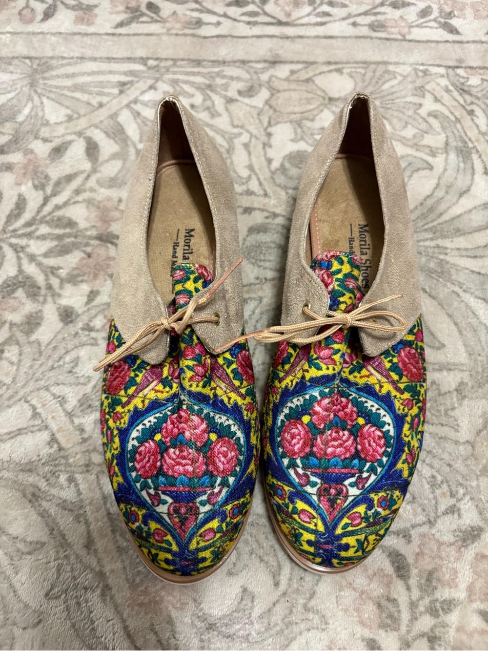 Embroidered Floral Loafers in Beige & Multicolor